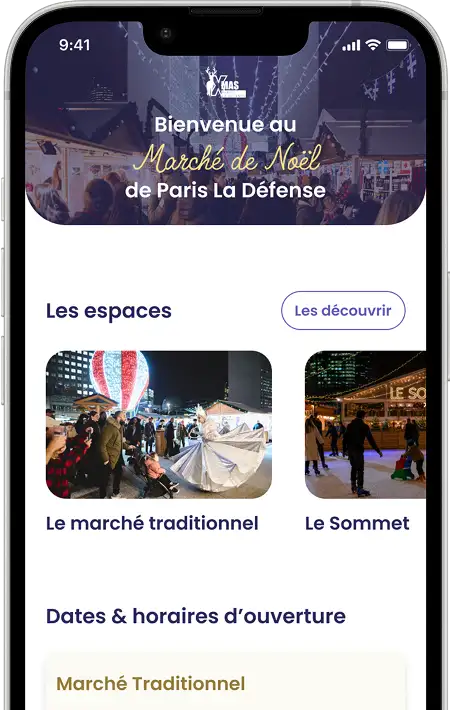 Mockup smartphone application mobile marché de Noël Paris La Défense FR
